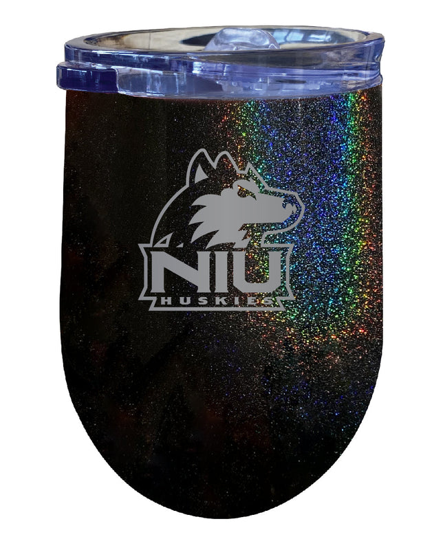 Northern Illinois Huskies NCAA Laser-Etched Wine Tumbler - 12oz Rainbow Glitter Black Stainless Steel Insulated Cup