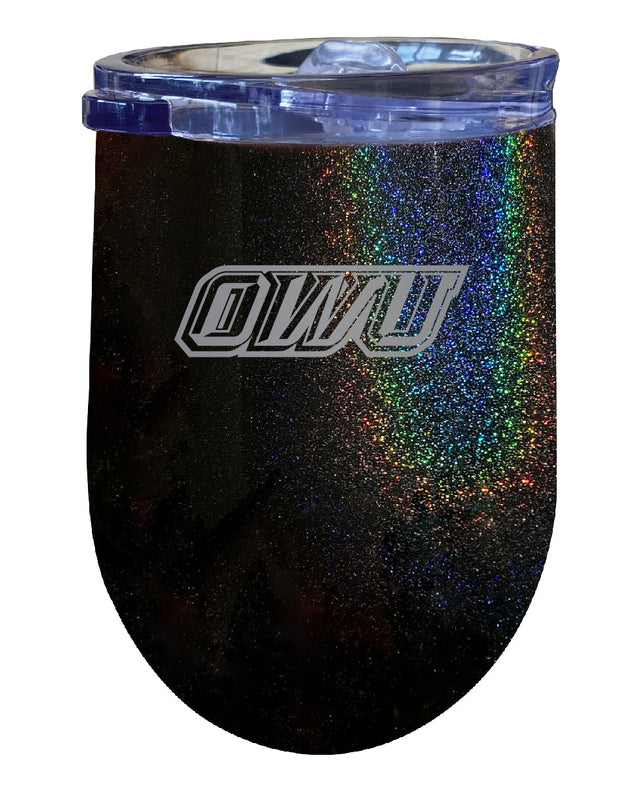 Ohio Wesleyan University NCAA Laser-Etched Wine Tumbler - 12oz Rainbow Glitter Black Stainless Steel Insulated Cup