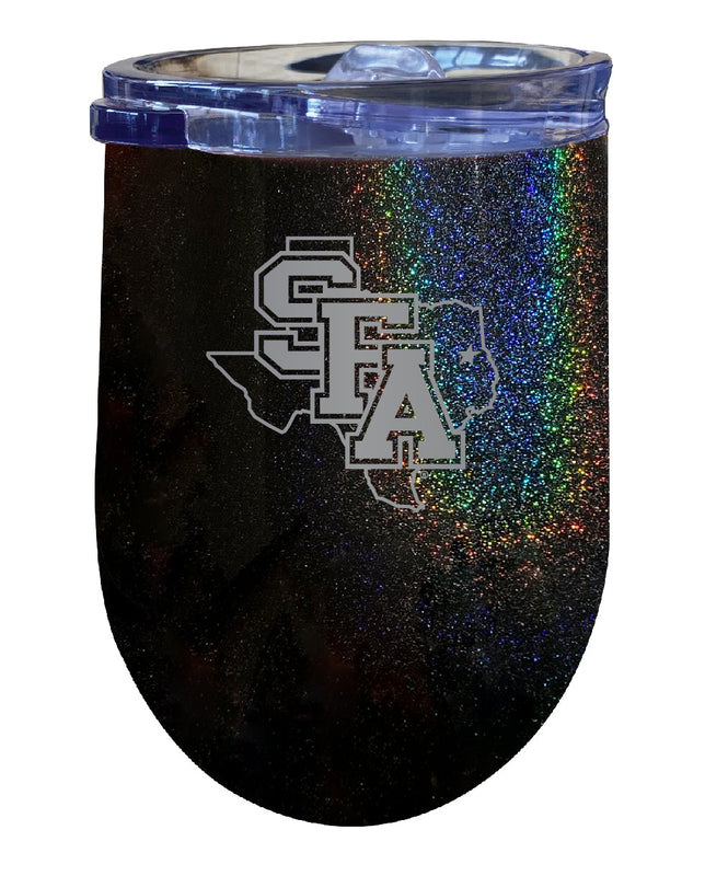 Stephen F. Austin State University NCAA Laser-Etched Wine Tumbler - 12oz Rainbow Glitter Black Stainless Steel Insulated Cup