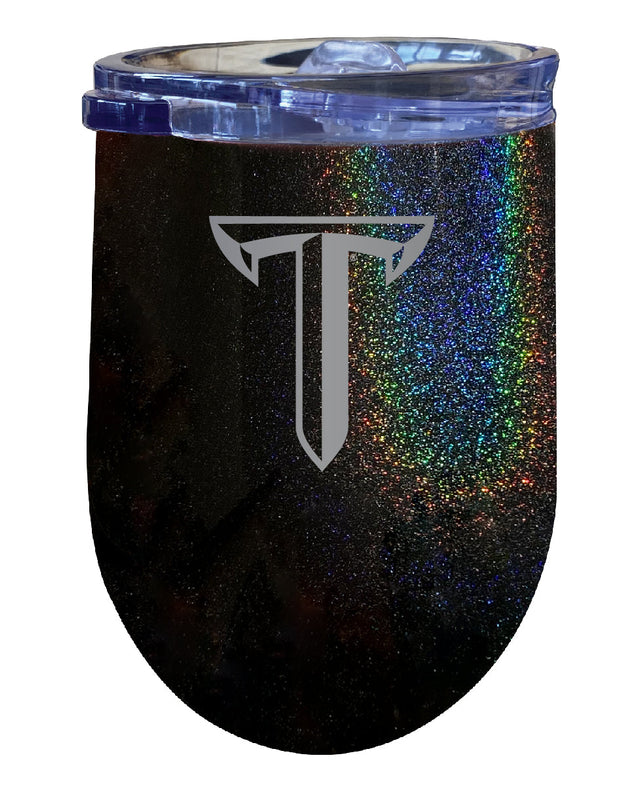 Troy University NCAA Laser-Etched Wine Tumbler - 12oz Rainbow Glitter Black Stainless Steel Insulated Cup