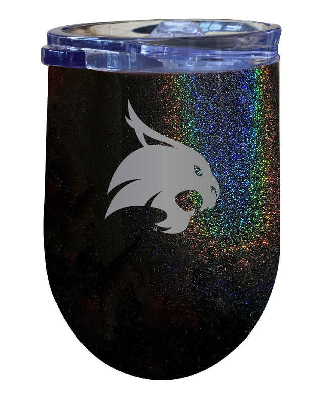Texas State Bobcats NCAA Laser-Etched Wine Tumbler - 12oz Rainbow Glitter Black Stainless Steel Insulated Cup