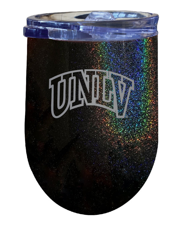 UNLV Rebels NCAA Laser-Etched Wine Tumbler - 12oz Rainbow Glitter Black Stainless Steel Insulated Cup