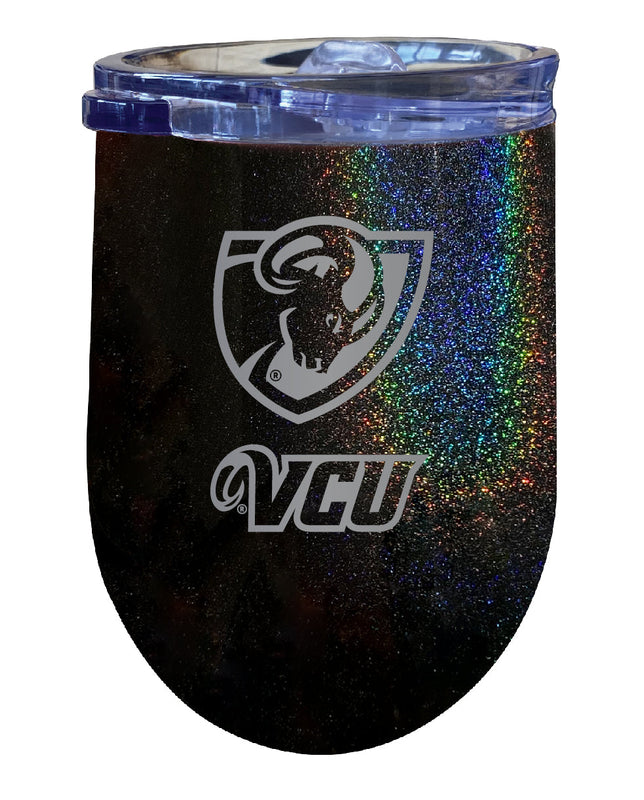 Virginia Commonwealth NCAA Laser-Etched Wine Tumbler - 12oz Rainbow Glitter Black Stainless Steel Insulated Cup