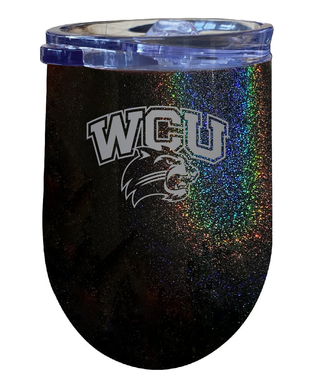 Western Carolina University NCAA Laser-Etched Wine Tumbler - 12oz Rainbow Glitter Black Stainless Steel Insulated Cup