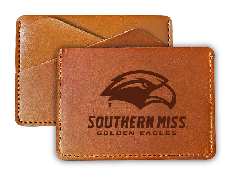 Elegant Southern Mississippi Golden Eagles Leather Card Holder Wallet - Slim Profile, Engraved Design