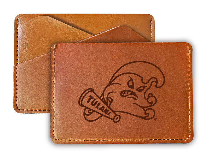 Elegant Tulane University Green Wave Leather Card Holder Wallet - Slim Profile, Engraved Design