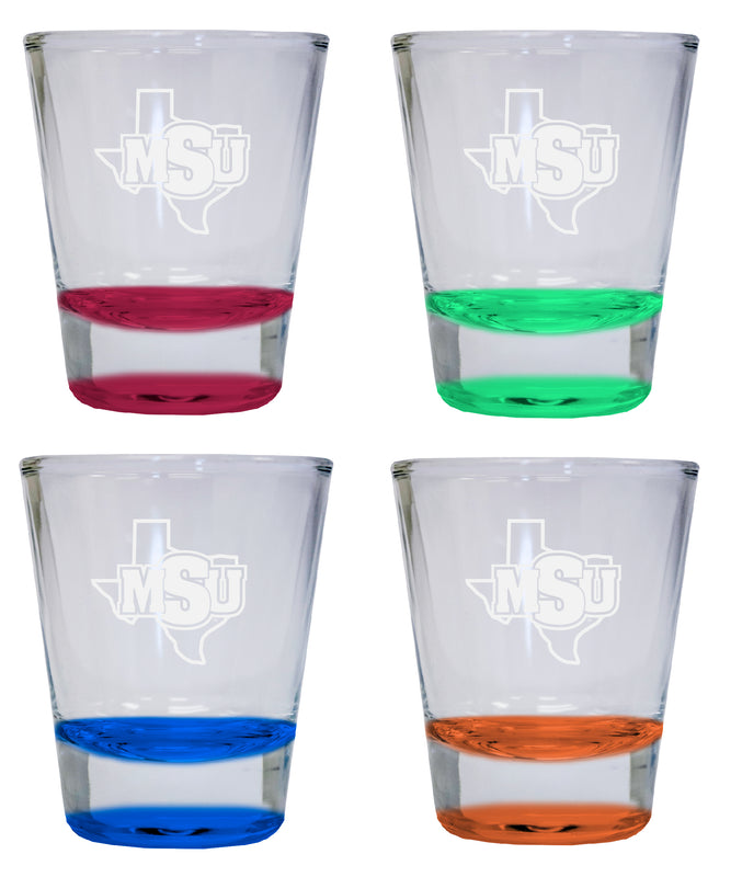 NCAA Midwestern State University Mustangs Collector's 2oz Laser-Engraved Spirit Shot Glass Red, Orange, Blue and Green 4-Pack