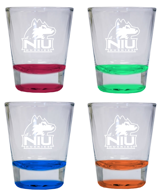 NCAA Northern Illinois Huskies Collector's 2oz Laser-Engraved Spirit Shot Glass Red, Orange, Blue and Green 4-Pack