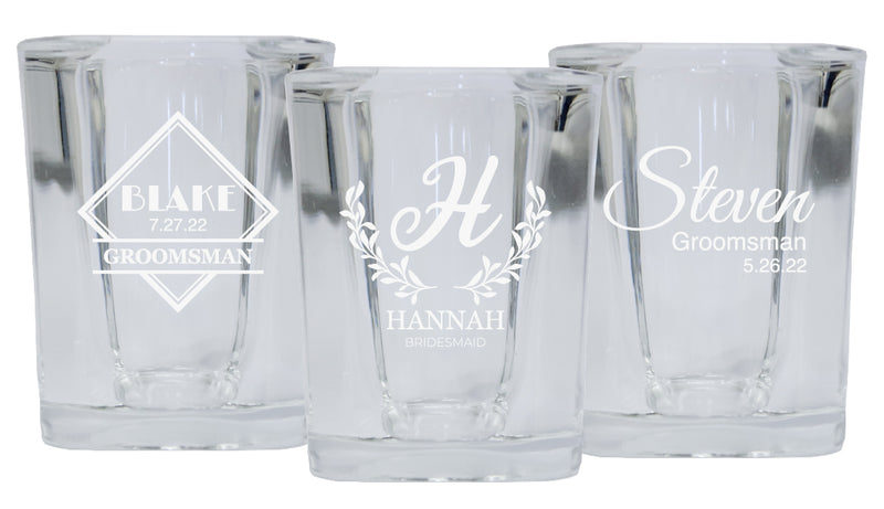 Personalized Wedding Party Customizable Etched 2 oz Square Shot Glass, Bridesmaid Groomsmen Gifts