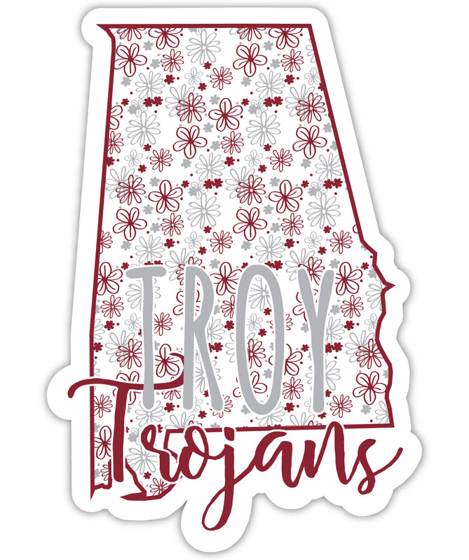 Troy University 4-Inch State Shaped NCAA Floral Love Vinyl Sticker - Blossoming School Spirit Decal