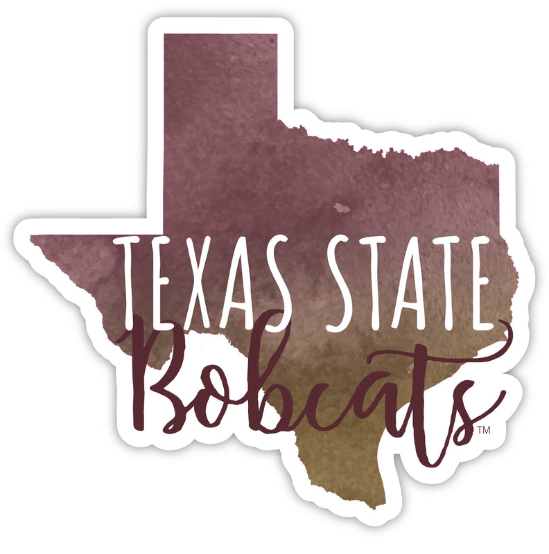 Texas State Bobcats 4-Inch Watercolor State Shaped NCAA Vinyl Decal Sticker for Fans, Students, and Alumni