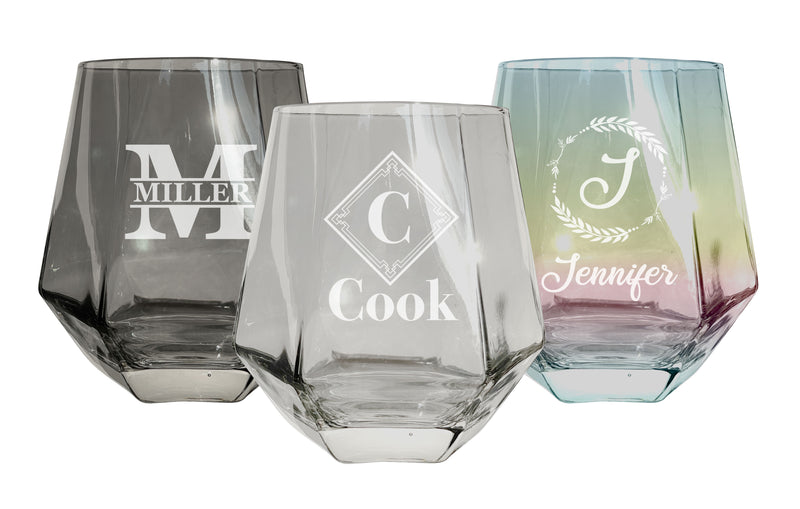 Customizable Monogram 10 oz Etched Stemless Diamond Shaped Stemless Wine Glass Engraved Personalized with Initial and Name