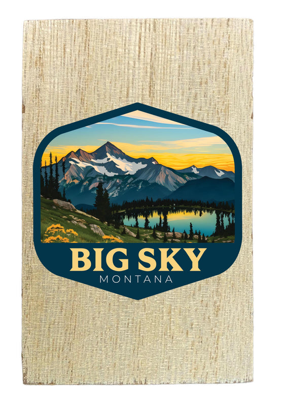 Big Sky Montana Mountain and Lake Design Souvenir Wooden 2" x 3" Fridge Magnet