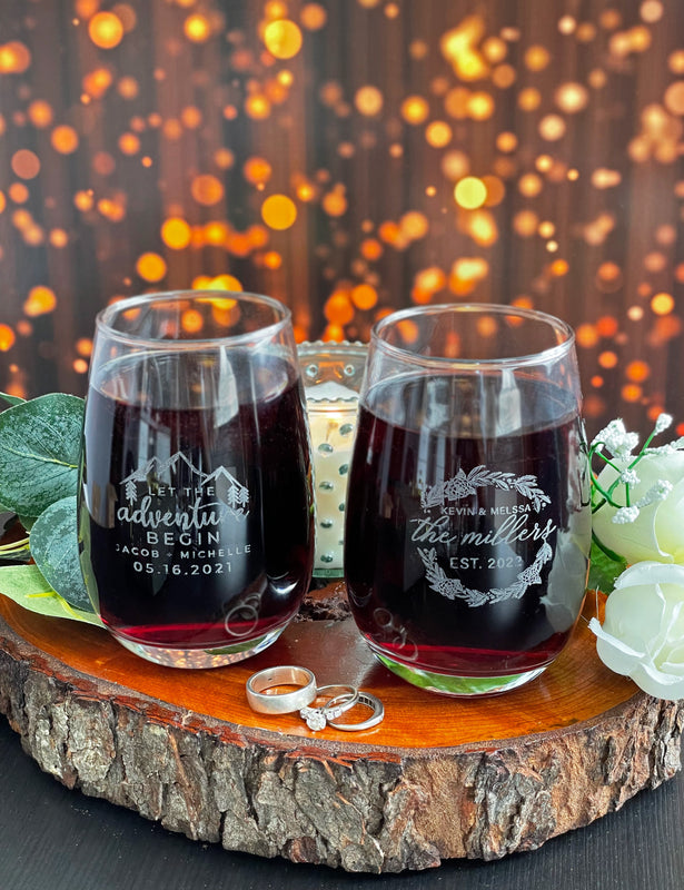Personalized Wedding Gift Customizable Etched Stemless Wine Glass 15 oz, Anniversary, Wedding Favors for Guests in Bulk
