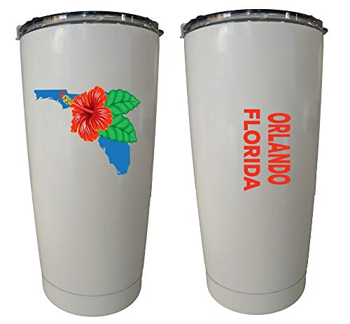 R and R Imports Orlando Florida 20 oz Insulated Stainless Steel Tumbler Hibiscus Flower Design White.