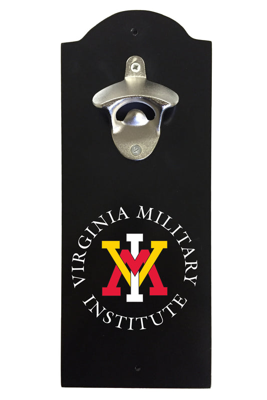 VMI Keydets Wall-Mounted Bottle Opener – Sturdy Metal with Decorative Wood Base for Home Bars, Rec Rooms & Fan Caves