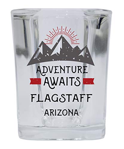 Flagstaff Arizona Souvenir 2 Ounce Square Base Liquor Shot Glass Adventure Awaits Design