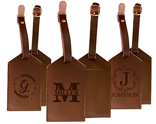 Leather Luggage Tag Engraved - Personalized with Custom Monogram Name and Initial