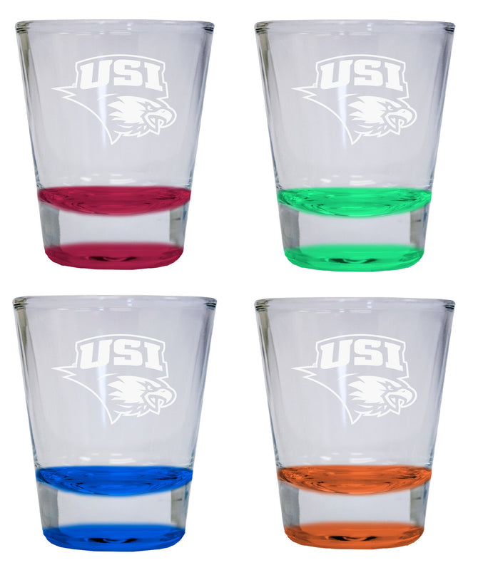 NCAA University of Southern Indiana Collector's 2oz Laser-Engraved Spirit Shot Glass Red, Orange, Blue and Green 4-Pack