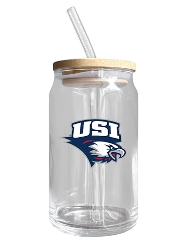 University of Southern Indiana NCAA 12 oz can-shaped glass, featuring a refined design ideal for showcasing team pride and enjoying beverages on game days, mother's day gift, father's day gift, alumni gift, graduation gift, admission gift.