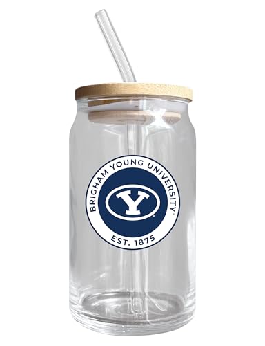 Brigham Young University NCAA 12 oz can-shaped glass, featuring a refined design ideal for showcasing team pride and enjoying beverages on game days, mother's day gift, father's day gift, alumni gift, graduation gift, admission gift.