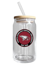Load image into Gallery viewer, North Carolina Central University NCAA 12 oz can-shaped glass, featuring a refined design ideal for showcasing team pride and enjoying beverages on game days, mother&#39;s day gift, father&#39;s day gift, alumni gift, graduation gift, admission gift.
