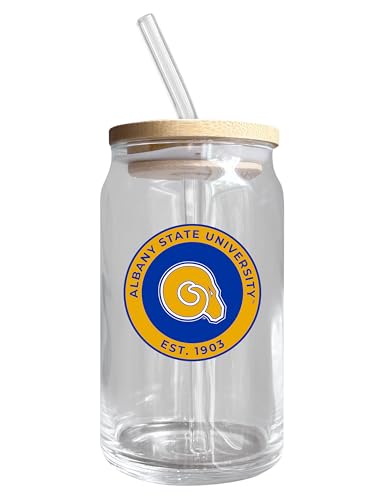 Albany State University NCAA 12 oz can-shaped glass, featuring a refined design ideal for showcasing team pride and enjoying beverages on game days, mother's day gift, father's day gift, alumni gift, graduation gift, admission gift.