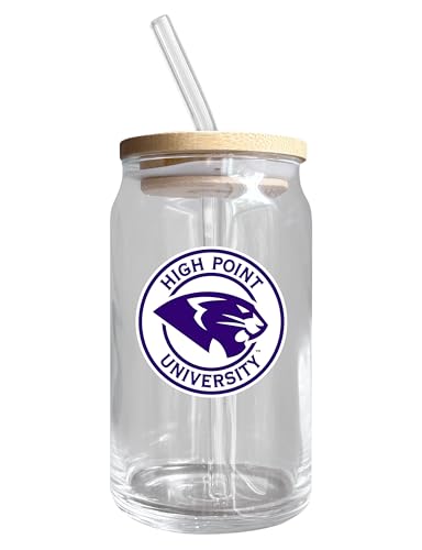 High Point University NCAA 12 oz can-shaped glass, featuring a refined design ideal for showcasing team pride and enjoying beverages on game days, mother's day gift, father's day gift, alumni gift, graduation gift, admission gift.