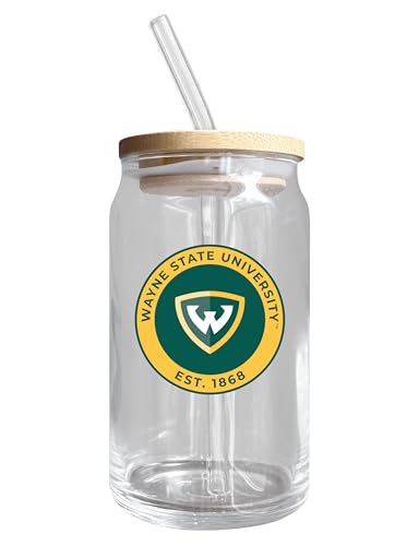 Wayne State University NCAA 12 oz can-shaped glass, featuring a refined design ideal for showcasing team pride and enjoying beverages on game days, mother's day gift, father's day gift, alumni gift, graduation gift, admission gift.