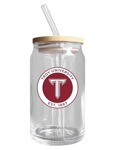 Troy University NCAA 12 oz can-shaped glass, featuring a refined design ideal for showcasing team pride and enjoying beverages on game days, mother's day gift, father's day gift, alumni gift, graduation gift, admission gift.