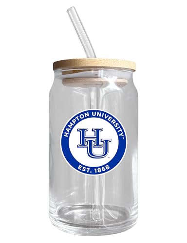 Hampton University NCAA 12 oz can-shaped glass, featuring a refined design ideal for showcasing team pride and enjoying beverages on game days, mother's day gift, father's day gift, alumni gift, graduation gift, admission gift.