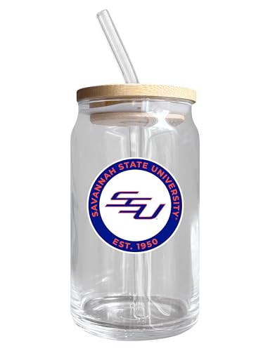 Savannah State University NCAA 12 oz can-shaped glass, featuring a refined design ideal for showcasing team pride and enjoying beverages on game days, mother's day gift, father's day gift, alumni gift, graduation gift, admission gift.