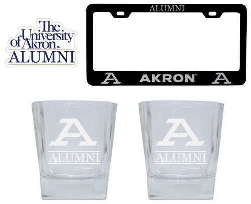 Akron Zips Collegiate Alumni Gift Set Engraved Whiskey Glasses, License Plate Frame & Decal 