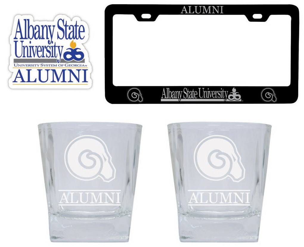 Albany State University Collegiate Alumni Gift Set Engraved Whiskey Glasses, License Plate Frame & Decal 