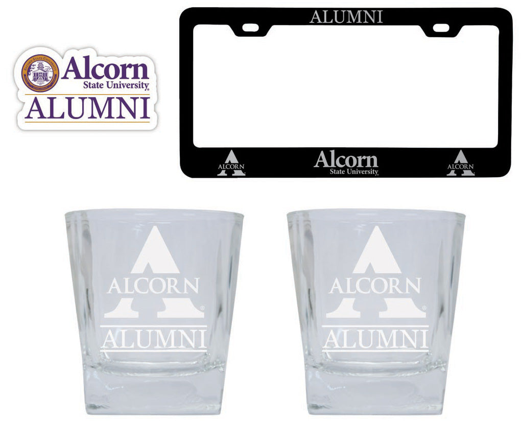 Alcorn State Braves Collegiate Alumni Gift Set Engraved Whiskey Glasses, License Plate Frame & Decal 