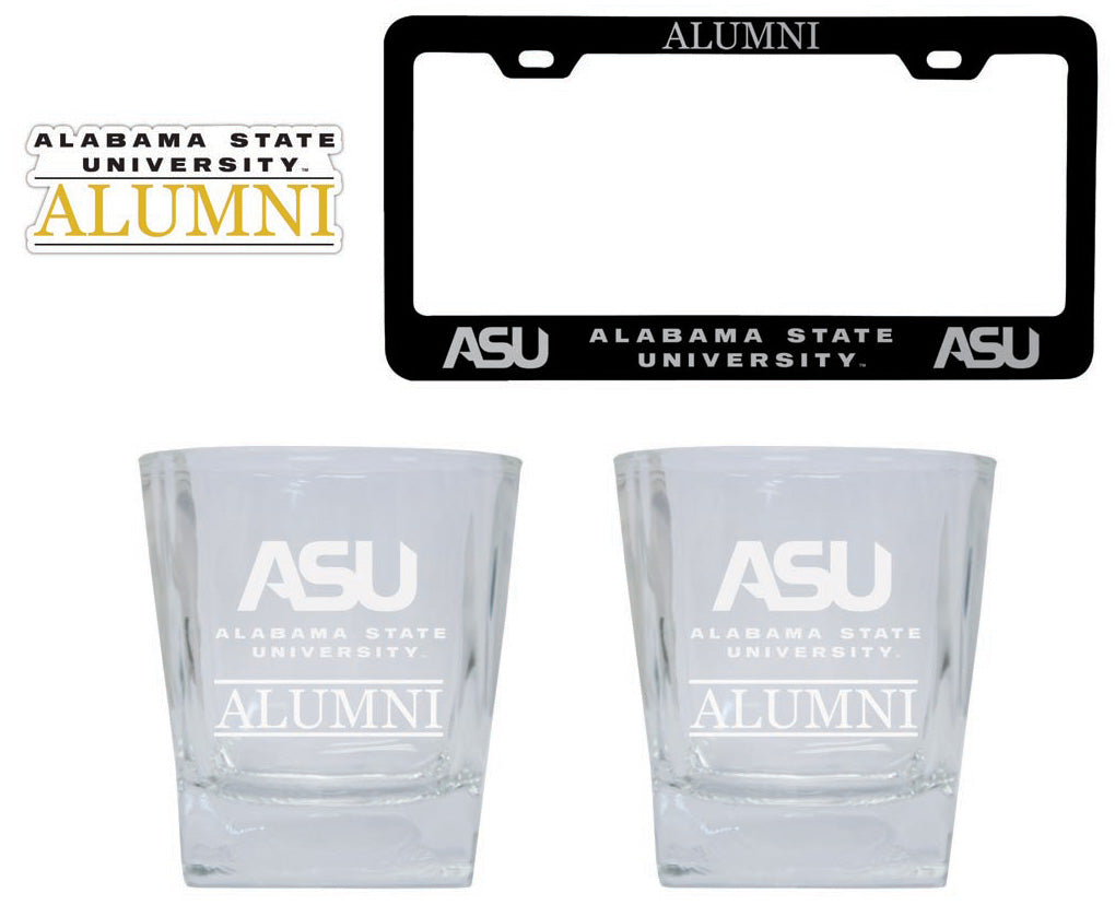 Alabama State University Collegiate Alumni Gift Set Engraved Whiskey Glasses, License Plate Frame & Decal 