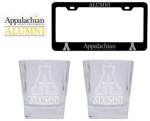 Appalachian State Collegiate Alumni Gift Set Engraved Whiskey Glasses, License Plate Frame & Decal 