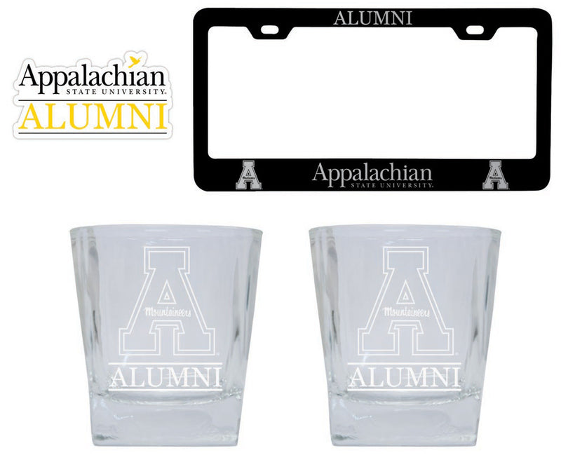 Appalachian State Collegiate Alumni Gift Set Engraved Whiskey Glasses, License Plate Frame & Decal 
