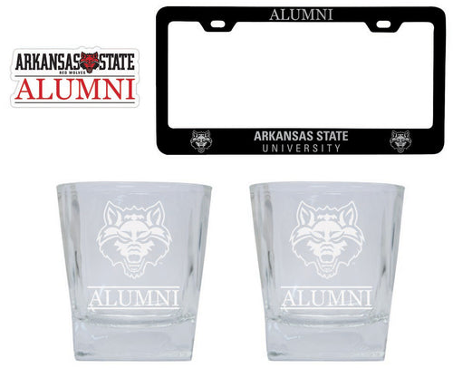 Arkansas State Collegiate Alumni Gift Set Engraved Whiskey Glasses, License Plate Frame & Decal 