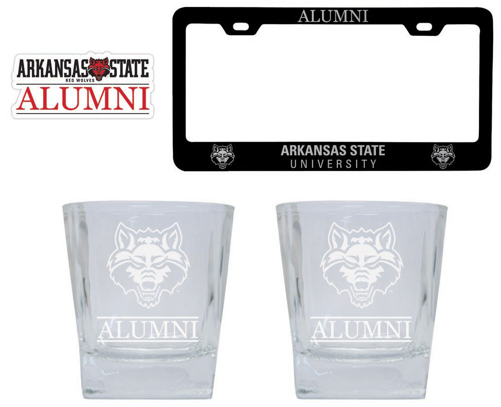 Arkansas State Collegiate Alumni Gift Set Engraved Whiskey Glasses, License Plate Frame & Decal 