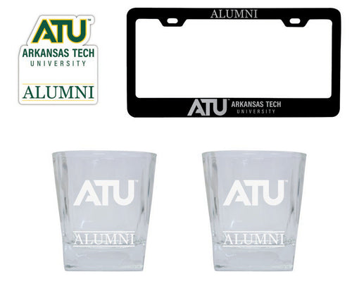 Arkansas Tech University Collegiate Alumni Gift Set Engraved Whiskey Glasses, License Plate Frame & Decal 