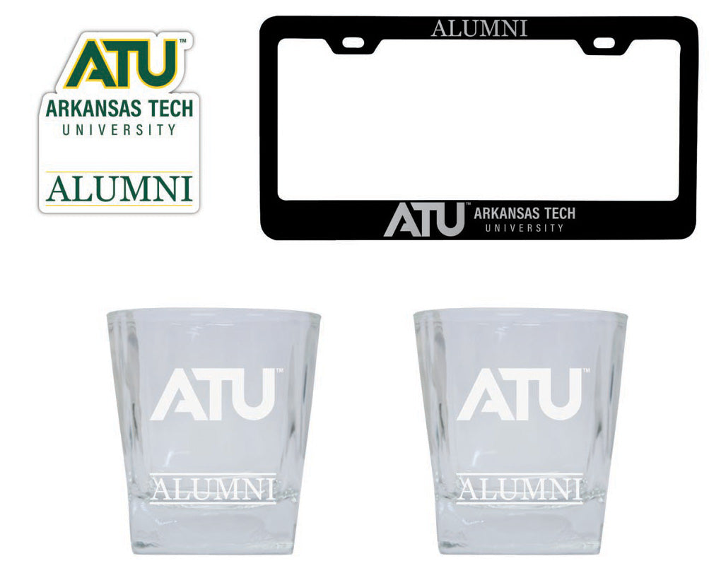 Arkansas Tech University Collegiate Alumni Gift Set Engraved Whiskey Glasses, License Plate Frame & Decal 