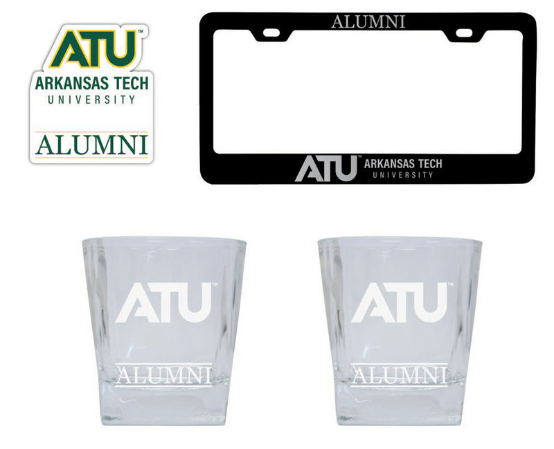 Arkansas Tech University Collegiate Alumni Gift Set Engraved Whiskey Glasses, License Plate Frame & Decal 