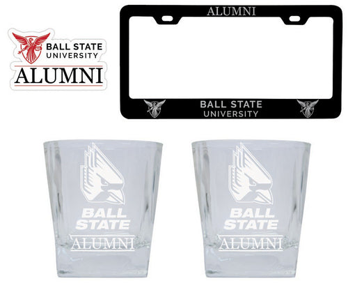 Ball State University Collegiate Alumni Gift Set Engraved Whiskey Glasses, License Plate Frame & Decal 