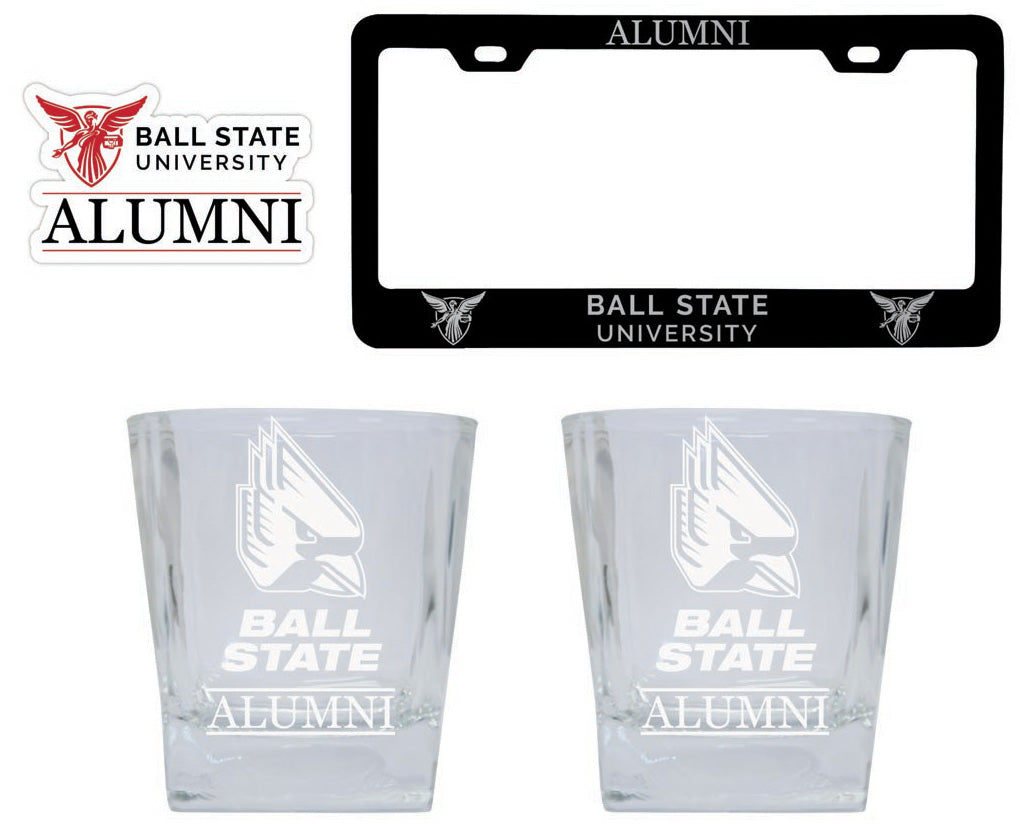 Ball State University Collegiate Alumni Gift Set Engraved Whiskey Glasses, License Plate Frame & Decal 