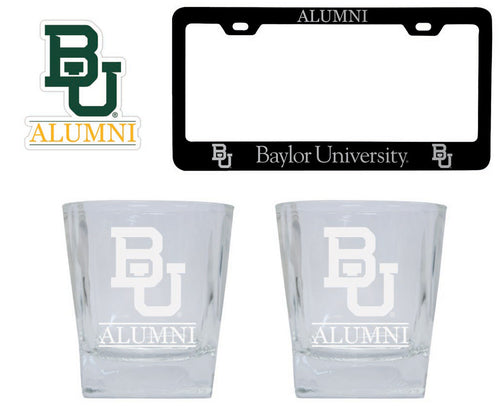 Baylor Bears Collegiate Alumni Gift Set Engraved Whiskey Glasses, License Plate Frame & Decal 