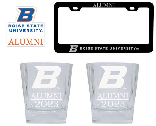 Boise State Broncos Collegiate Alumni Gift Set Engraved Whiskey Glasses, License Plate Frame & Decal 