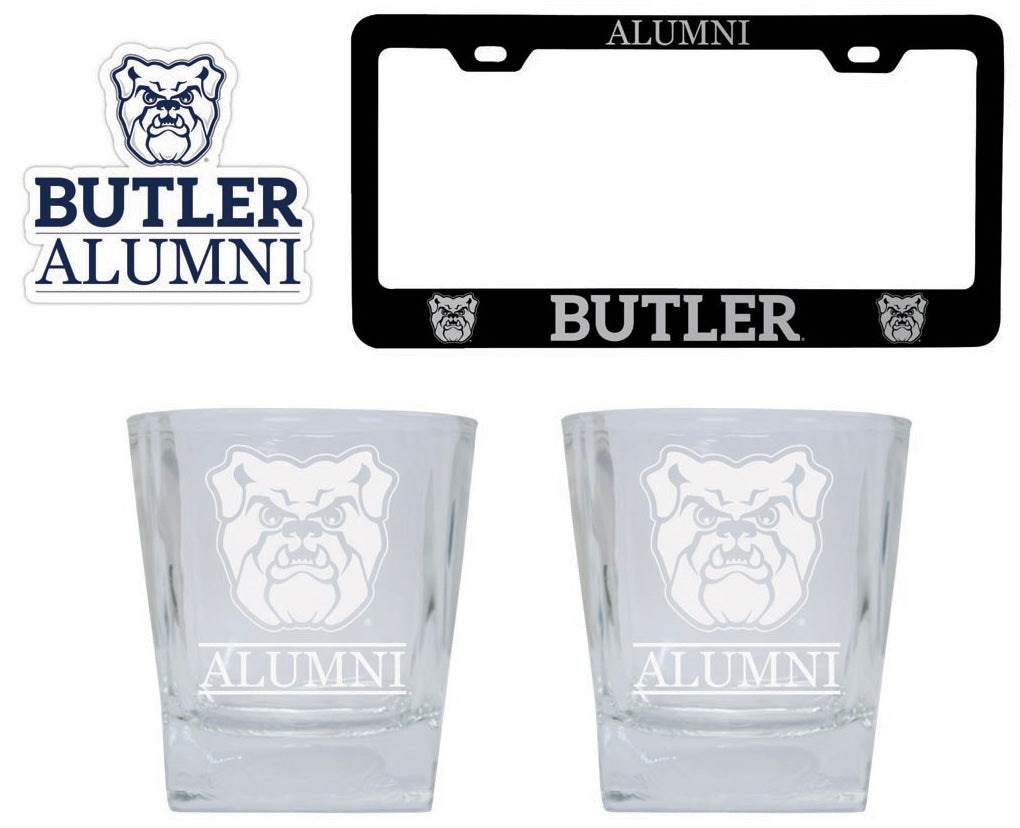 Butler Bulldogs Collegiate Alumni Gift Set Engraved Whiskey Glasses, License Plate Frame & Decal 