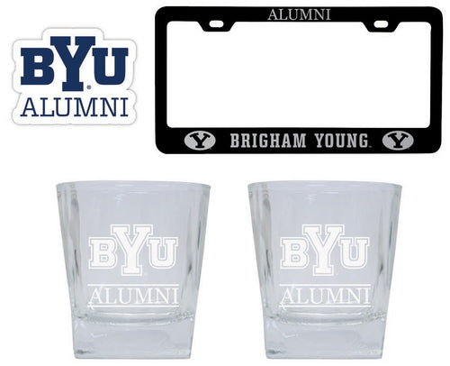 Brigham Young Cougars Collegiate Alumni Gift Set Engraved Whiskey Glasses, License Plate Frame & Decal 