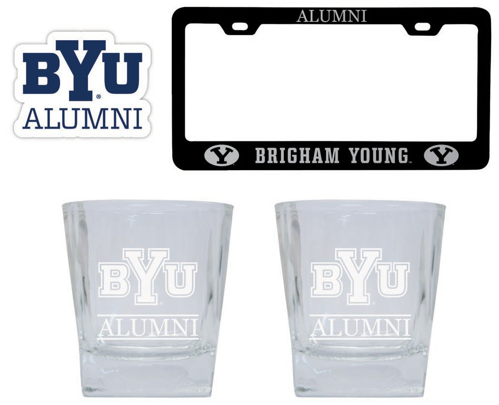 Brigham Young Cougars Collegiate Alumni Gift Set Engraved Whiskey Glasses, License Plate Frame & Decal 